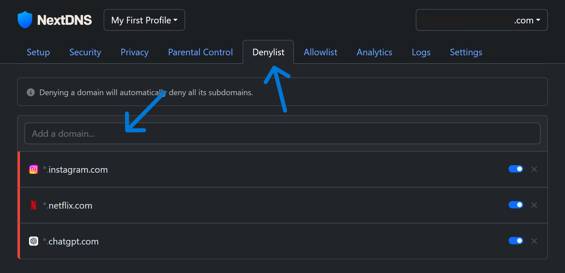 nextdns denylist option screenshot